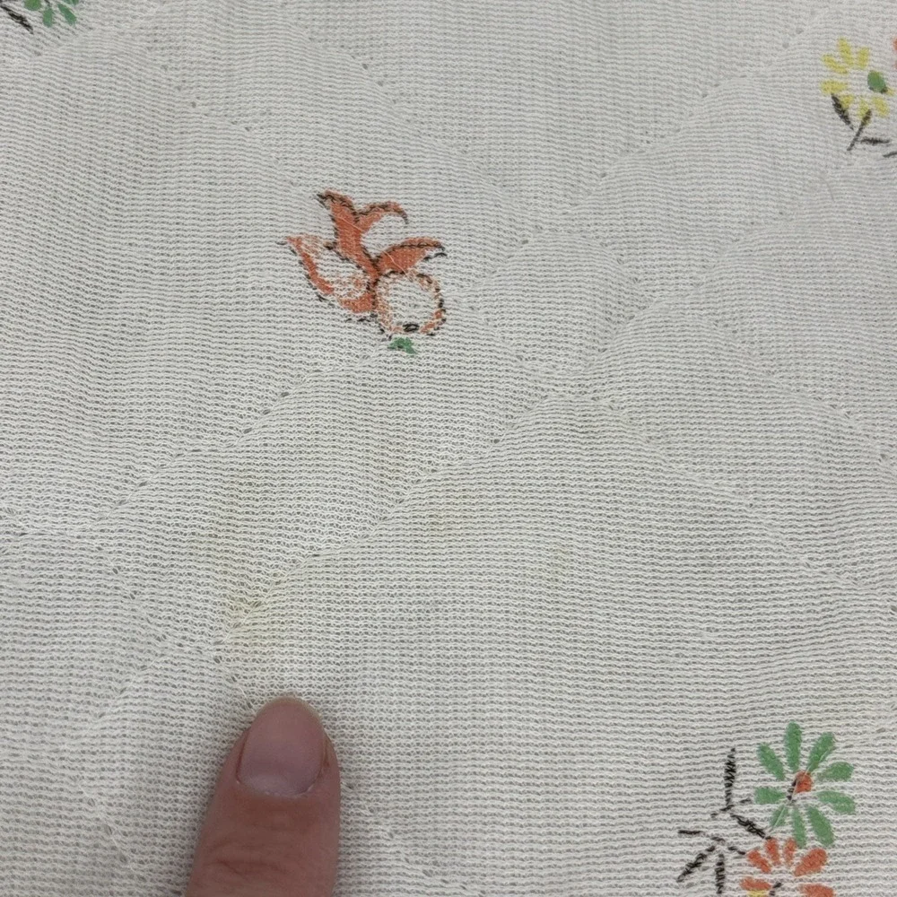 Vintage 70s  Acrylic Baby Blanket Satin Trim Woodland Mushrooms Dear Bunny Chick